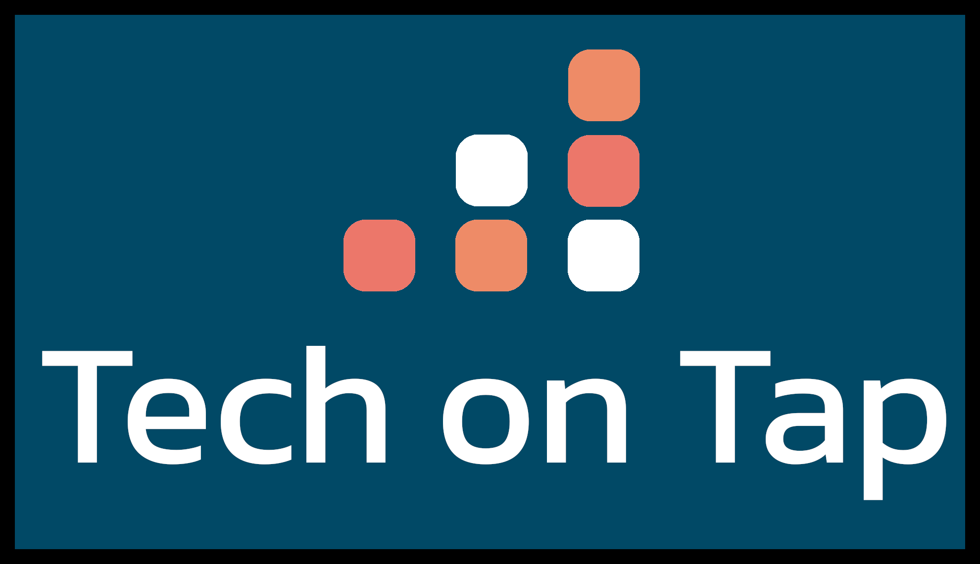 Logotipo de Tech on Tap. Fondo azul acero con la escritura Tech on Tap y un logotipo dibujado de cuadrados apilados para indicar el progreso.