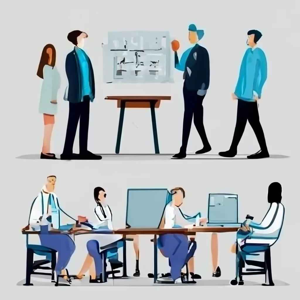 Un dibujo de personas en una oficina colaborando alrededor de escritorios y pizarras con un director de operaciones.